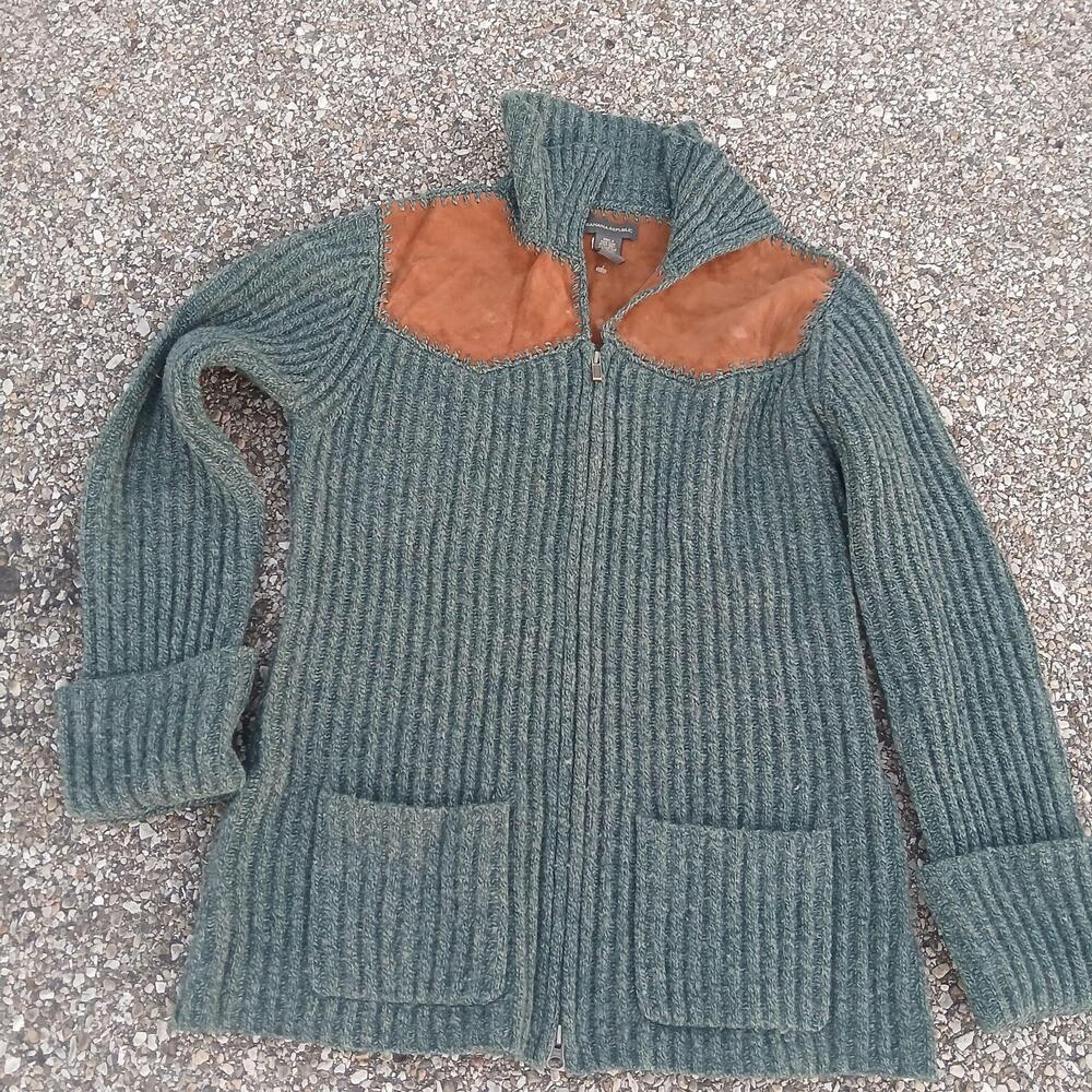 Banana Republic Sweater Womens Medium Green Full Zip Wool Suede Yoke Mock Neck